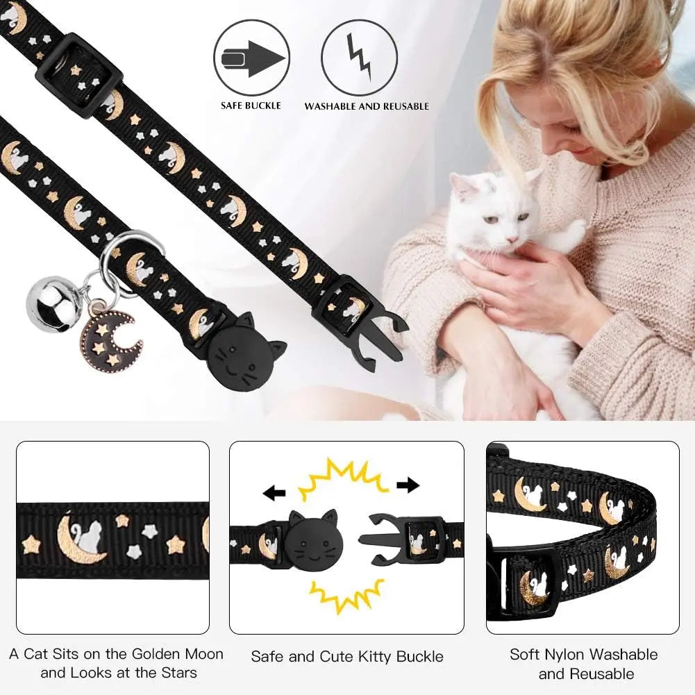 2Pcs Breakaway Cats Collars Cat Collars for Boy & Girl Cats Moons Adjustable Kitten Collars with Bell & Pendant Glow in the Dark,Purple+Black