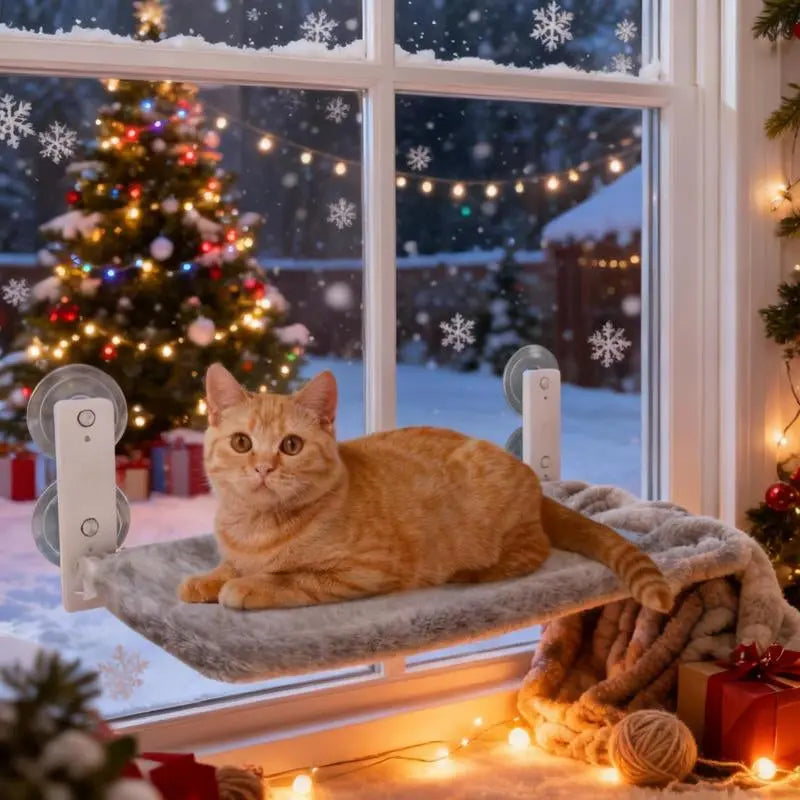 Cat Window Perch - Cordless Hammock Bed with 4 Super Suction Cups & Reversible Cushion | Indoor Window Mount Anti-Anxiety Cat Bed with Robust Metal Frame | Perfect Holiday Gift for Pet Parents Foldable Sunbathing Lounge for Large Cats