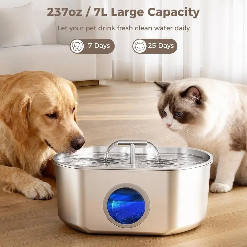 Neareal 7L / 1.85 Gal Large Stainless Steel Pet Water Fountain for Dogs & Cats, Dual-Flow for Multi-Pet Homes, Ultra-Quiet, Auto Circulating, Long-Lasting Hydration