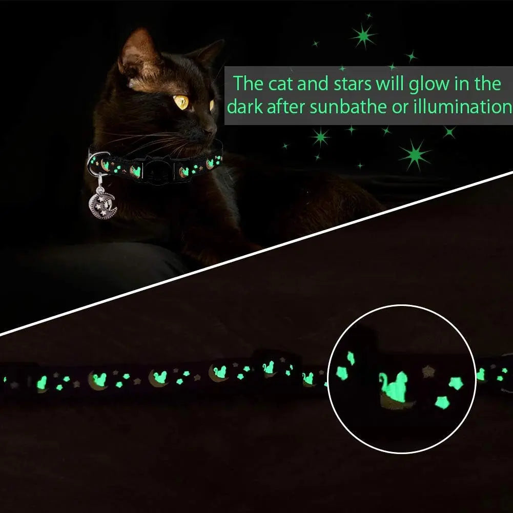 2Pcs Breakaway Cats Collars Cat Collars for Boy & Girl Cats Moons Adjustable Kitten Collars with Bell & Pendant Glow in the Dark,Purple+Black