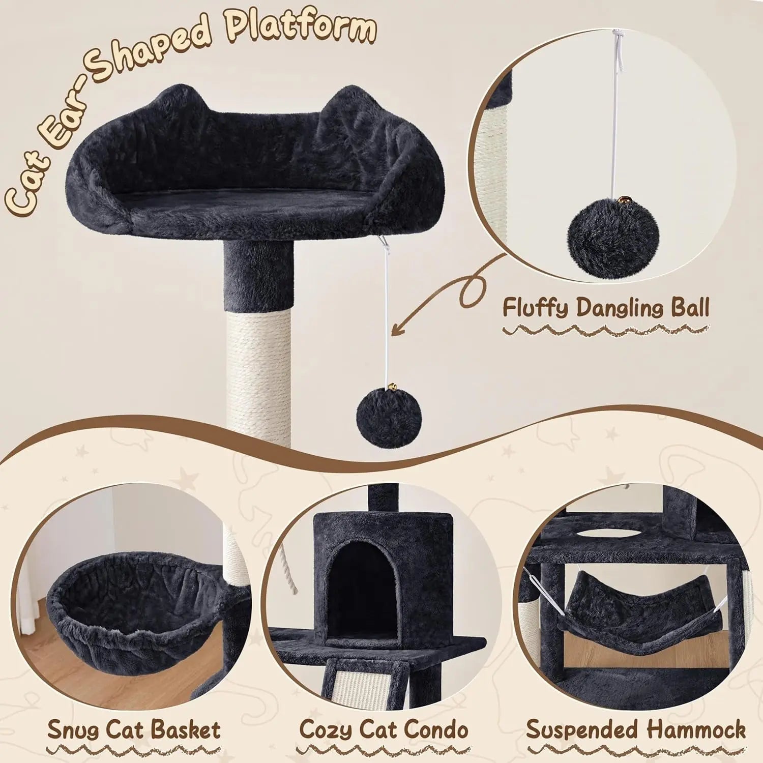 63.5In Multi-Level Cat Tree Tower Condo with Scratching Posts, Platform & Hammock, Cat Activity Center Play Furniture for Kittens, Cats & Pets