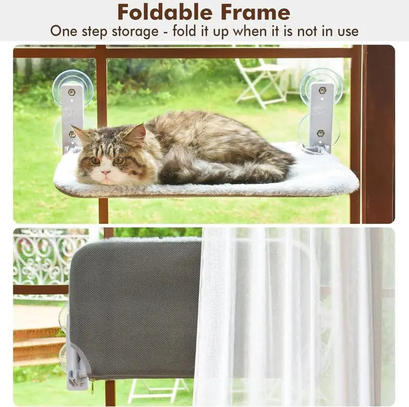 Cat Window Perch - Cordless Hammock Bed with 4 Super Suction Cups & Reversible Cushion | Indoor Window Mount Anti-Anxiety Cat Bed with Robust Metal Frame | Perfect Holiday Gift for Pet Parents Foldable Sunbathing Lounge for Large Cats