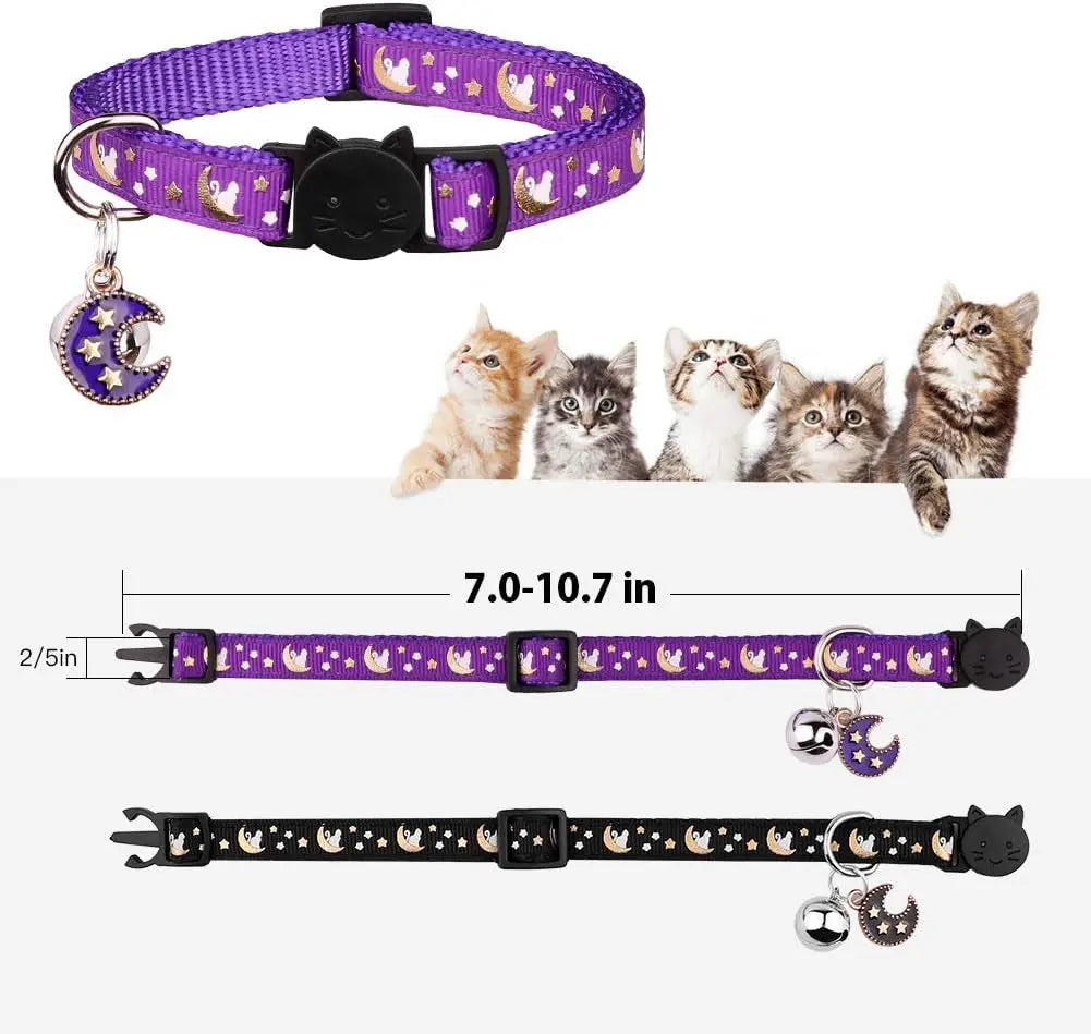 2Pcs Breakaway Cats Collars Cat Collars for Boy & Girl Cats Moons Adjustable Kitten Collars with Bell & Pendant Glow in the Dark,Purple+Black